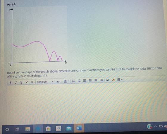 Part A yt Who 0 Based on the shape of the graph above, describe one or more functions you can think of to model the data. (Hi