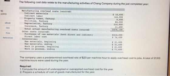 The following cost data relate to the manufacturing activities of Chang Company during the just completed year Manufacturing overhead costs incurred: 10 points Indirect materials Indirect labor Property taxes, factory Utilities, factory Depreciation, factory Insurance, factory Total actual manufacturing overhead costs incurred s 16,400 144,000 9,400 84,000 210,900 11,400 $476, 100 eBook Hint Other costs ineurred Print Purchases of rav materials (both direct and indirect) Direct 1abor cost 414,000 s 74,000 Inventories Rav materials, beginning Rav materials, ending Work in process, beginning Work in process, ending 21,400 s 31,400 41.400 71,400 The company uses a predetermined overhead rate of $23 per machine-hour to apply overhead cost to jobs. A total of 21,100 machine-hours were used during the year Required 1. Compute the amount of underapplied or overapplied overhead cost for the year. 2. Prepare a schedule of cost of goods manufactured for the year
