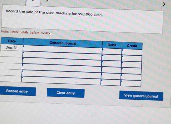 Record the sale of the used machine for $96,000 cash. Note: Enter debits before credits. Date General Journal Debit Credit De