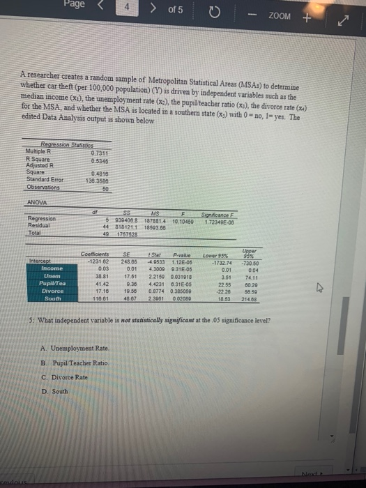 Page of 5 ZOOM + A researcher creates a random sample of Metropolitan Statistical Areas (MSAs) to determine whether car theft