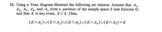 11. Using a Venn diagram illustrate the following set relation. Assume that A, A2, A3, A4, and As form a partition of the sample space S (see Exercise 6) and that E is any event, EC S. Then,