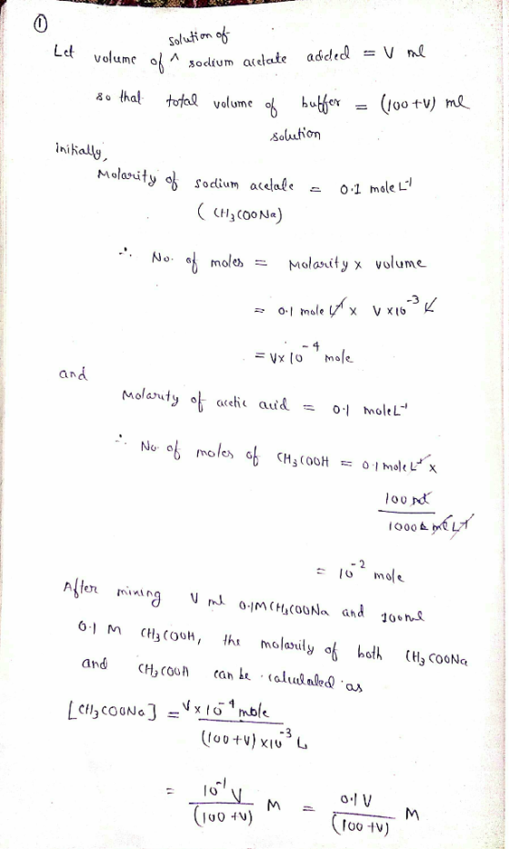 Solution of Let volume of ^ sodium acetate volume of a socium aret added = V ml so that total volume of buffer = (100tv) me s