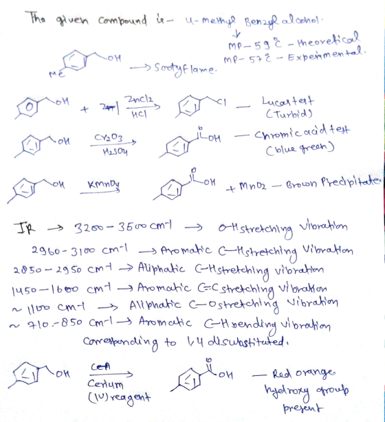 The given compound is u-methyl Benzyl alcohol OH mp_59 & -theoretical MP- 578 - Experimental. Sootyflame. Zncla + Zeppel Luca