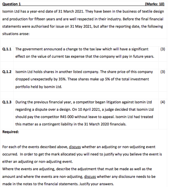 Question 1 (Marks: 10) Isomin Ltd has a year-end date of 31 March 2021. They have been in the business of textile design and