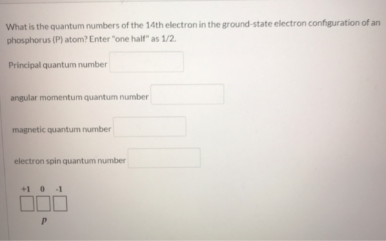 What is the quantum numbers of the 14th electron in the ground-state electron configuration of an phosphorus (P) atom? Enter
