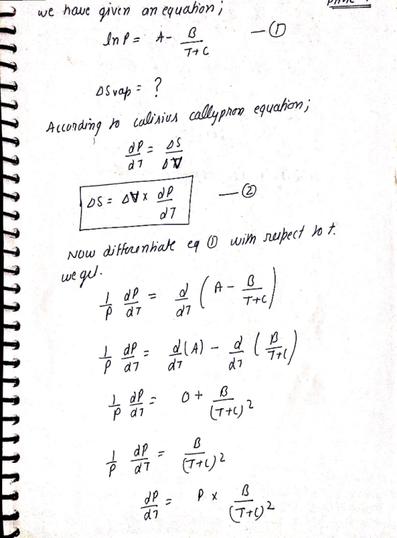 า we have given an equahon, In P = A B ไt C osvap = ? According to calisius cally pron equation; d1 Ay 1 1 1 os= ovx de d7 1