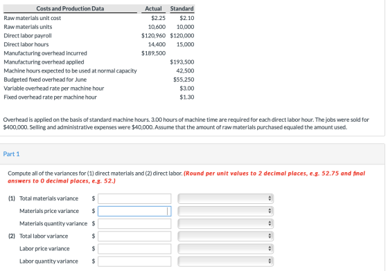 Actual Costs and Production Data Standard $2.25 $2.10 Raw materials unit cost Raw materials units 10,600 10,000 Direct labor