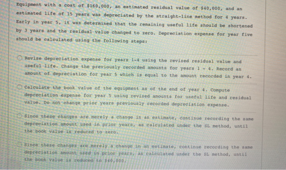 Equipment with a cost of $160,000, an estimated residual value of $40,000, and an estimated life of 15 years was depreciated