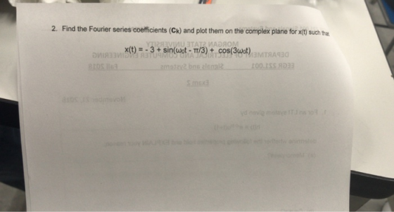 2. Find the Fourier series coefficients (Ck) and plot them on the complex plane for xi(t) such tha x(t) 3+ sin(wot -T/3) cos(3wot) ИА IT