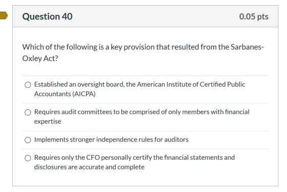 Question 40 0.05 pts Which of the following is a key provision that resulted from the Sarbanes- Oxley Act? O Established an o