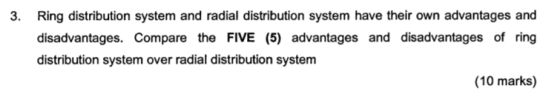 3. Ring distribution system and radial distribution system have their own advantages and disadvantages. Compare the FIVE (5)