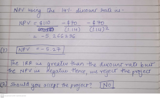 NPV us using the 14% discount rate is - NPV = $110 一$70 Goose (1.14) - 526 62 36 - $70 (1.14) (o NPV =-5.27 greater The IRR i