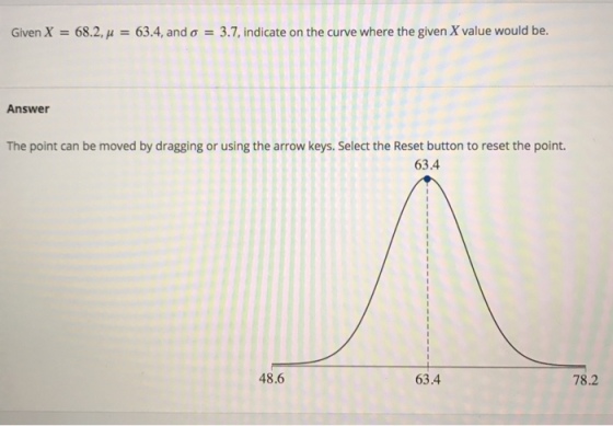 Given X 68.2.:: 63.4, and ?-3.7, indicate on the curve where the given X value would be. Answer The point can be moved by dragging or using the arrow keys. Select the Reset button to reset the point. 63.4 48.6 63.4 78.2