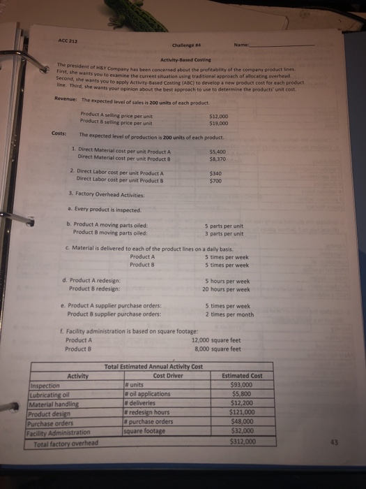 ACC 212 Challenge Activity-Based Costing HEY Company has been concerned about the profitability of the company product lines