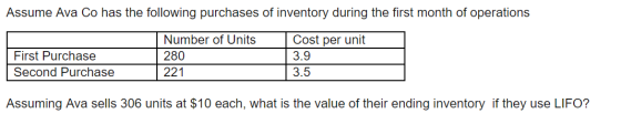 Assume Ava Co has the following purchases of inventory during the first month of operations First Purchase Second Purchase Nu