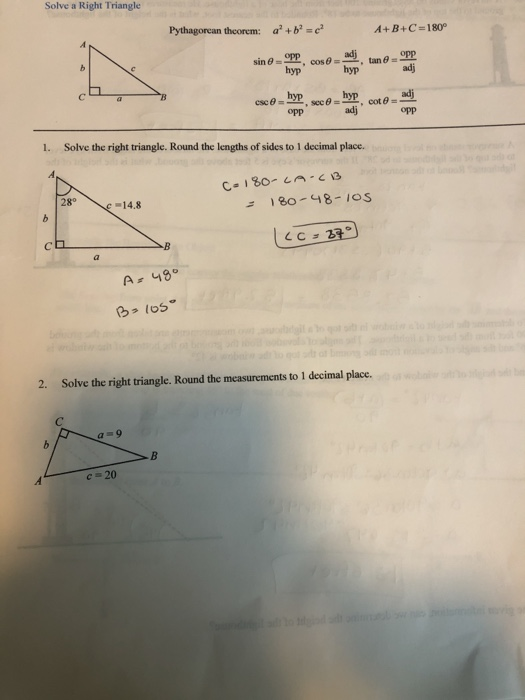 Solve a Right Triangle Pythagorean theorem: d+b = c? 4+B+C =180° sin e OPP hyp cos adi, tan = opp hyp adj b hyp opp sce byp