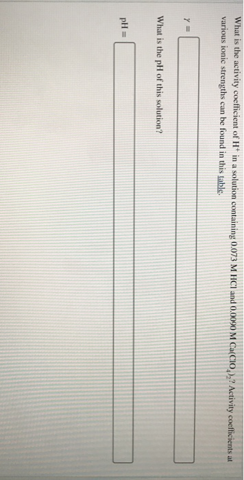 What is the activity coefficient of H in a solution containing 0.073 M HCI and 0.0090 M Ca(CIO,)? Activity coefficients at va