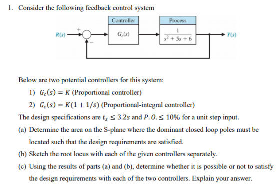 1. Consider the following feedback control system Controller Process 1 G(s) R(s) Y(s) $2+5s+6 Below are two potential control
