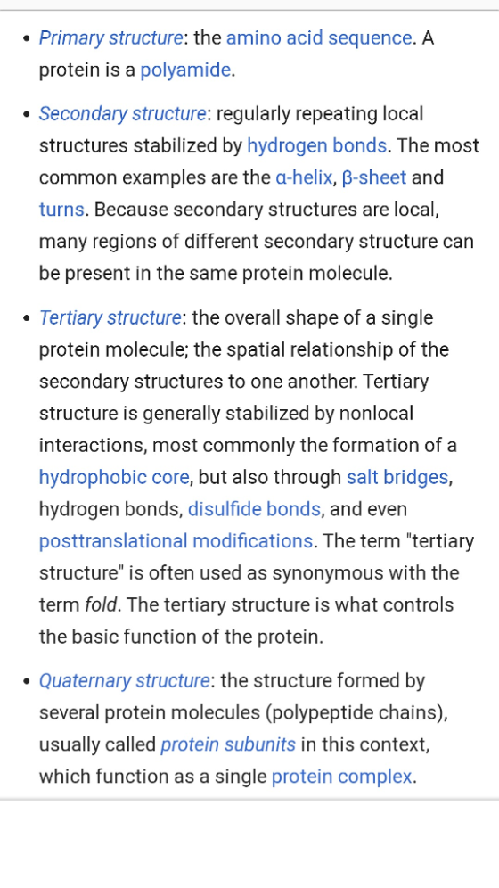 • Primary structure: the amino acid sequence. A protein is a polyamide. • Secondary structure: regularly repeating local stru