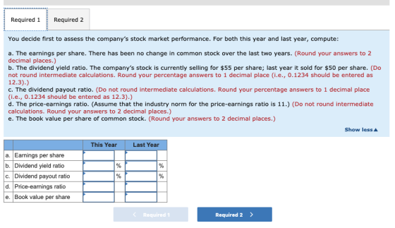 Required 1 Required 2 You decide first to assess the companys stock market performance. For both this year and last year, co