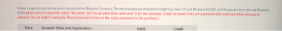 Prepare separate entries for each transaction for Blossom Company The merchandise purchased by Kinghbird on June 10 cost Blos