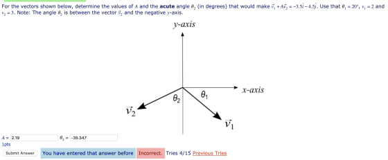 For the vectors shown below, determine the values of A and the acute angle e, (in degrees) that would make v; + AV, = -3.5i –