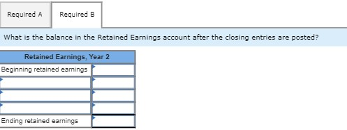 Required A Required B What is the balance in the Retained Earnings account after the closing entries are posted? Retained Ear