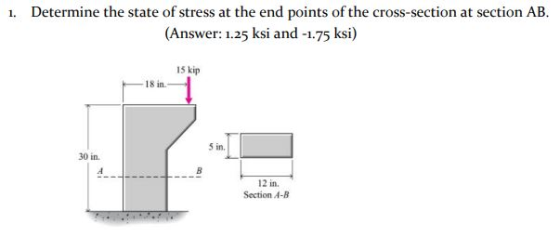 1. Determine the state of stress at the end points of the cross-section at section AB. (Answer: 1.25 ksi and -1.75 ksi) 15 ki