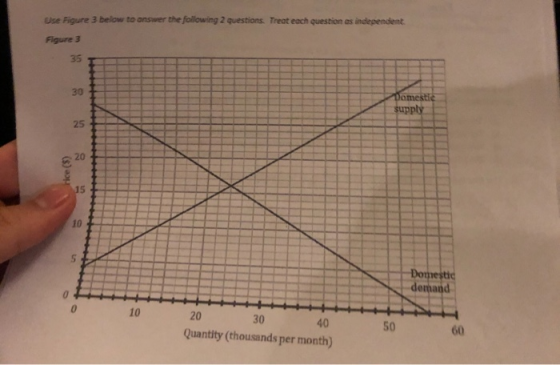 Use Figure 3 below to answer the following 2 questions. Treat each question as independent Figure 3 Domestic supply Hee (8) D