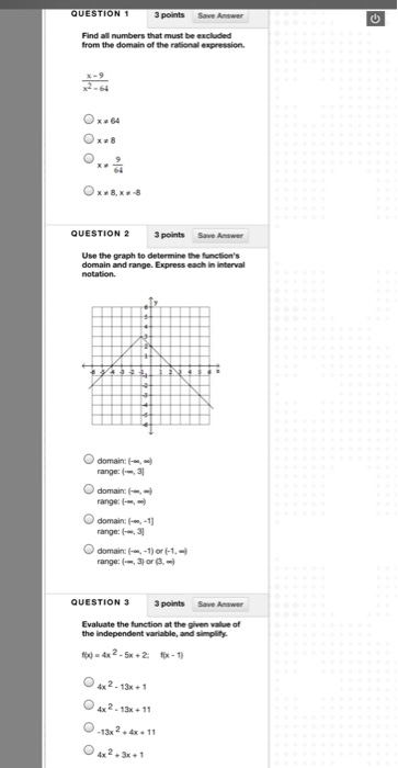 QUESTION 1 3 points Save Answer Find all numbers that must be excluded from the domain of the rational expression. Ox+64 **8