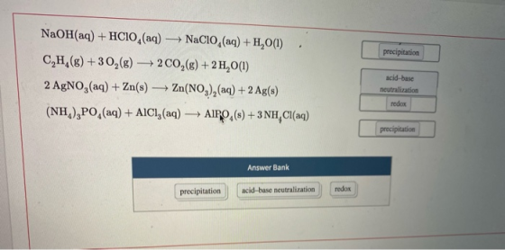 precipitation NaOH(aq) + HCIO, (aq) NaCIO, (aq) + H,0(1). C,H,(g) + 302(g) → 2C02(g) + 2 H20(1) 2 AgNO3(aq) + Zn(s) → Zn(NO3)