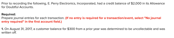 Prior to recording the following, E. Perry Electronics, Incorporated, had a credit balance of $2,000 in its Allowance for Dou
