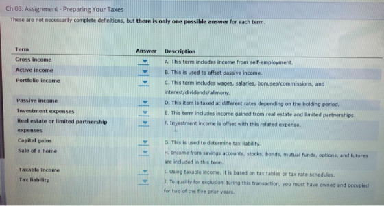 Ch 03: Assignment - Preparing Your Taxes These are not necessarily complete definitions, but there is only one possible answe