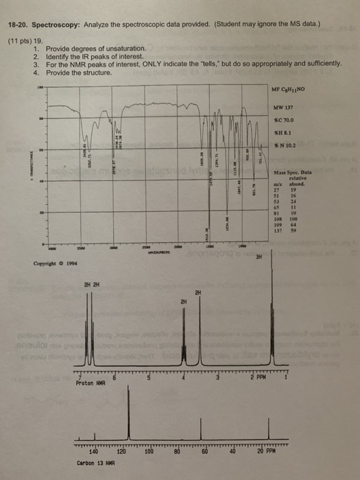18-20. Spectroscopy: Analyze the spectroscopic data provided. (Student may ignore the MS data.) (11 pts) 19. 1. Provide degre