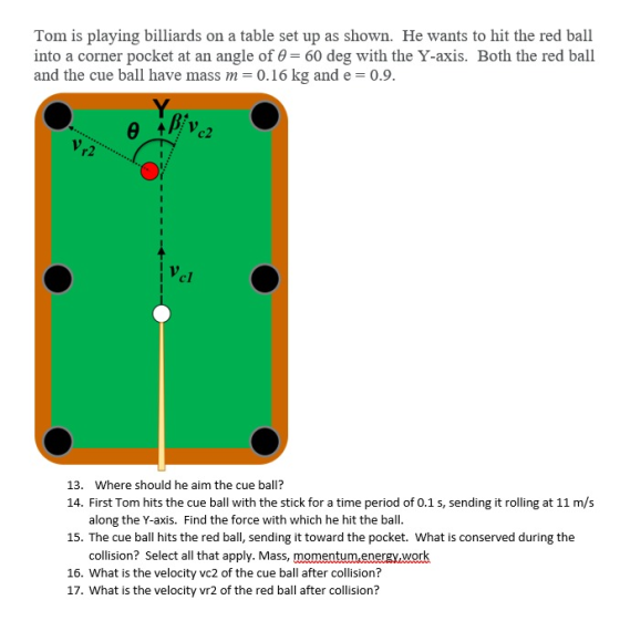 Tom is playing billiards on a table set up as shown. He wants to hit the red ball into a corner pocket at an angle of = 60 de