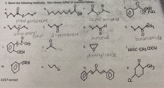 6. Name the following molecules. Your choice, IUPAC or common names d, 0 a. acchc anhdi propyl pentanoorte e. 0 ner 2-pentano