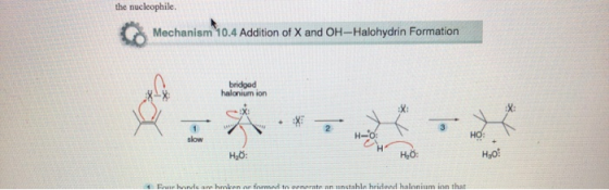 the nucleophile. Mechanism 10.4 Addition of X and OH-Halohydrin Formation bridged halonium ion HO: 4 wir handle an honken or