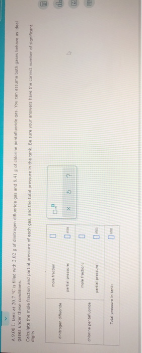 A 9.00 L tank at 20.7 °C is filled with 2.02 g of dinitrogen difluoride gas and 8.41 g of chlorine pentafluoride gas. You can
