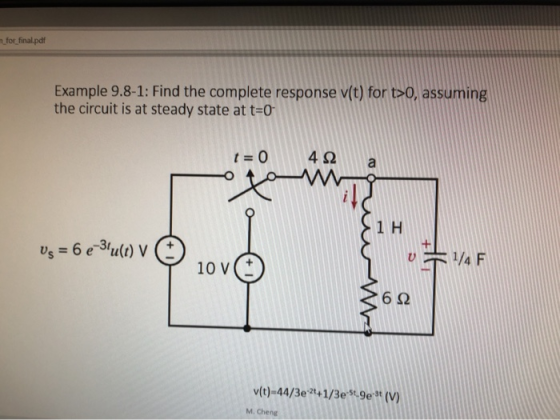 for_final.pdf Example 9.8-1: Find the complete response v(t) for t>0, assuming the circuit is at steady state at t=0 t=0 4 92
