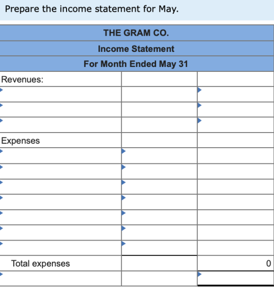 Prepare the income statement for May. THE GRAM CO. Income Statement For Month Ended May 31 Revenues: Expenses Total expenses