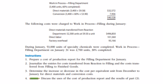 Work in Process-Filling Department (3 400 units, 60% completed: Direct materials (3,400 x $9.58) Conversion (3,400 x 60% x $3.90) $32,572 7.956 40528 The following costs were charged to Work in Process-Filling during January Direct materials transferred from Reaction Department: 52,300 units at $9.50 a unit Direct labor Factory overhead 496,850 101,560 95,166 During January, 53,000 units of specialty chemicals were completed. Work in Process- Filling Department on January 31 was 2,700 units, 30% completed. Instructions 1. Prepare a cost of production report for the Filling Department for January 2. Journalize the entries for costs transferred from Reaction to Filling and the costs trans ferred from Filling to Finished Goods. 3. Determine the increase or decrease in the cost per equivalent unit from December to January for direct materials and conversion costs. 4. _Discuss the uses of the cost of production report and the results of part 3).