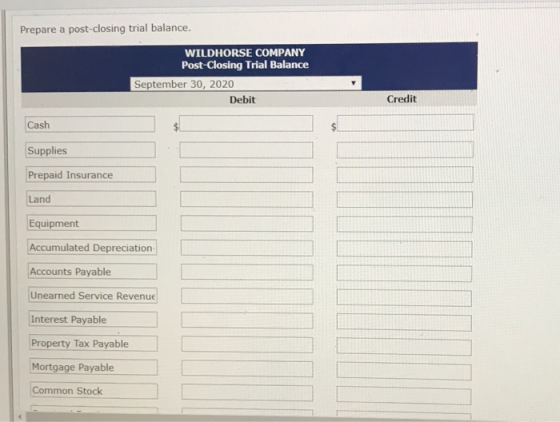 Prepare a post-closing trial balance. WILDHORSE COMPANY Post-Closing Trial Balance September 30, 2020 Credit Debit Cash Suppl