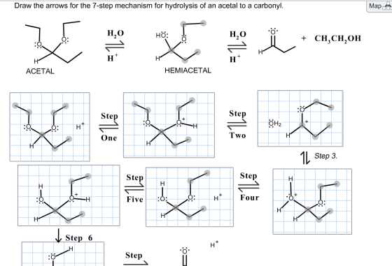 Draw the arrows for the 7-step mechanism for hydrolysis of an acetal to a carbonyl. Мар - + CH,CH,OH ACETAL HEMIACETAL 3 Ere