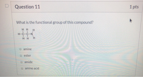 1 pts Question 11 What is the functional group of this compound? o amine o ester o amide o amino acid