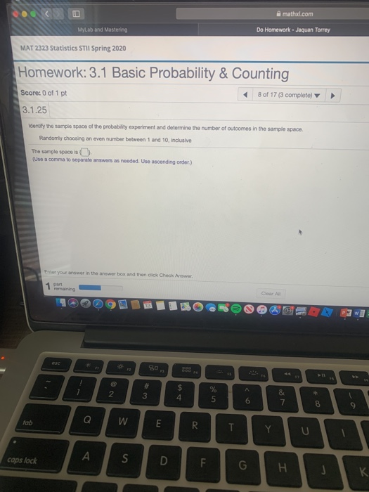 mathal.com Do Homework Jaguan Torrey MyLab and Mastering Mylab and Mastering MAT 2323 Statistics STII Spring 2020 Homework: 3