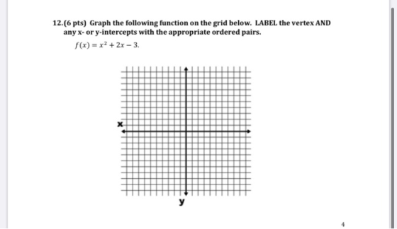 12.(6 pts) Graph the following function on the grid below. LABEL the vertex AND any x- or y-intercepts with the appropriate o