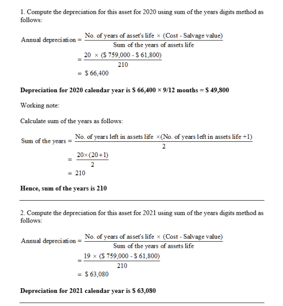 1. Compute the depreciation for this asset for 2020 using sum of the years digits method as follows: No. of years of assets