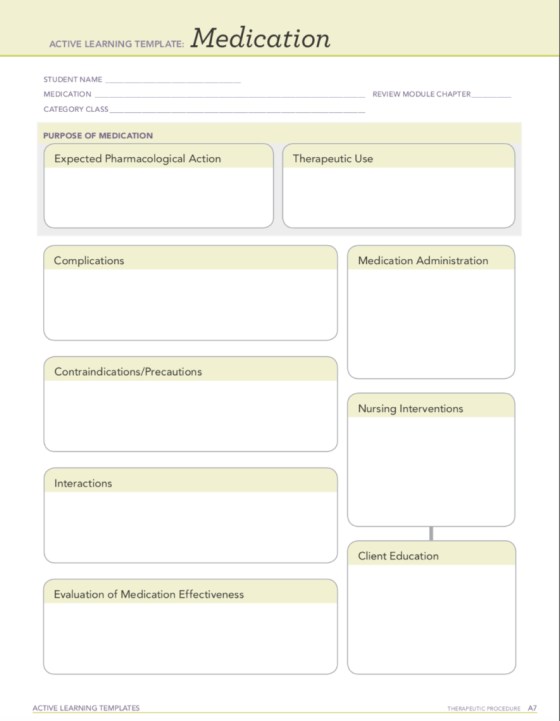 ACTIVE LEARNING TEMPLATE STUDENT NAME MEDICATION CATEGORY CLASS REVIEW MODULE CHAPTER PURPOSE OF MEDICATION Expected Pharmaco