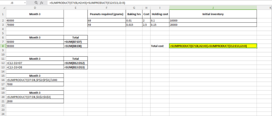 Q fx SUMPRODUCT(E7:E8,H2:H3)+SUMPRODUCT(E12:E13,12:13) Month3 Peanuts required (grams) Baking hrs Cost Holding cost 0.01 0.01