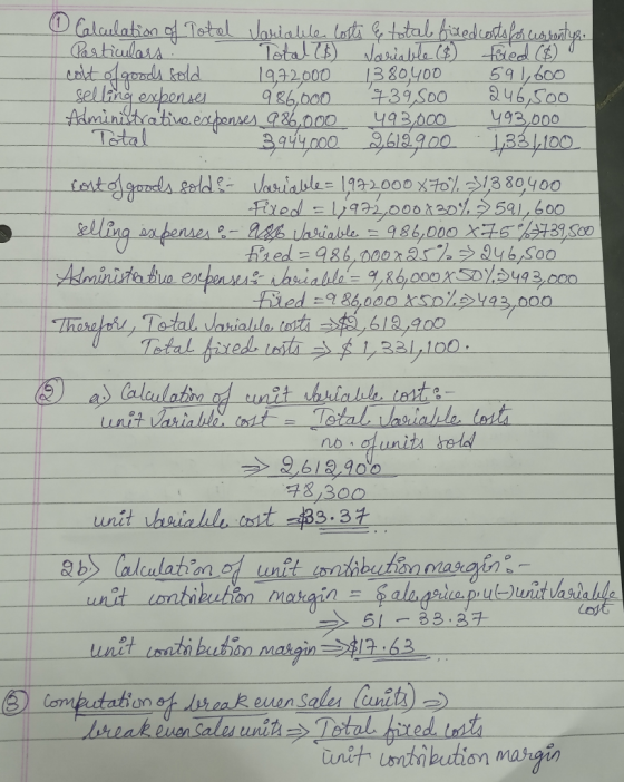 Calculation of Total Variable costs e total fixed costs for carrentyr. Particulars - Total 6) Variable (6) fixed (6) colt of